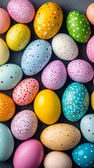 Vibrant Easter eggs with different patterns, ideal for holiday decorations and spring celebrations.