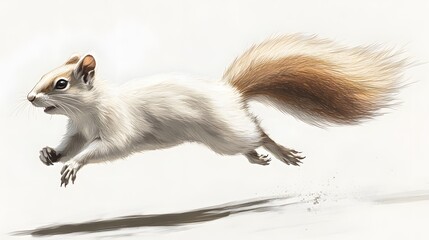 White Squirrel in Motion with Fluffy Tail Running Across Surface