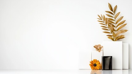 Minimalist Still Life  White Boxes  Dried Flowers  Golden Leaves  Blank Space