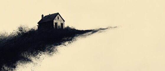 Little House on a Hill Dissolving Into Ash as the Wind Carries It Away in a Monochrome Landscape