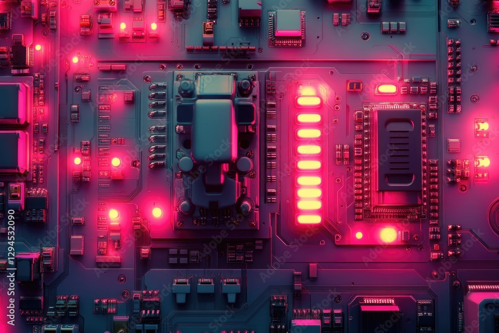 Poster close-up of a futuristic circuit board with glowing components, showcasing intricate technological d