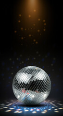 Obraz premium Sparkling disco ball illuminated by colorful lights creating a vibrant atmosphere for a dance party. Vertical HD background. 