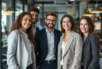 Fototapeta premium Group of smiling business people standing together in modern office