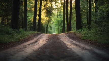 Obraz premium Sunlight filters through tall trees on a forest path, inviting you to walk further into nature’s embrace and discover its tranquil secrets.