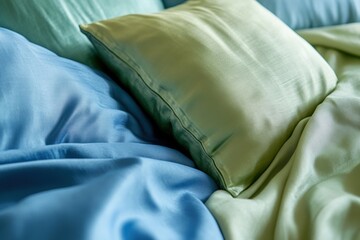 Soft pastel-colored silk pillow lying on elegant bed sheets