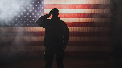 Silhouette of a Soldier Saluting in Front of American Flag