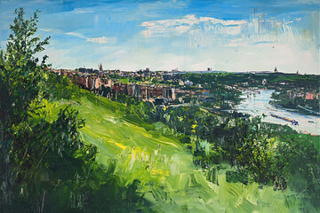 Fototapeta premium a painting of a city on a hill