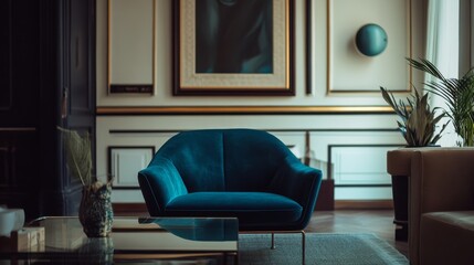 Obraz premium A plush blue armchair adds elegance to a tastefully decorated room, complete with art and leafy plants, inviting relaxation in its serene setting.