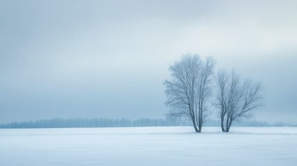 Fototapeta premium Two bare trees stand stately amid a vast, snow-covered field under a soft, gray sky, suggesting a serene, wintry solitude and spaciousness.