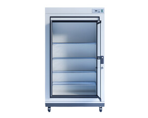 Commercial refrigeration unit with transparent glass door, isolated on white background.