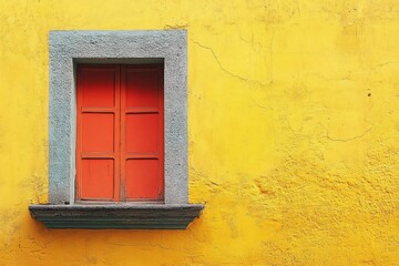 Red window with closed shutters on yellow cracked wall in Antigua Guatemala