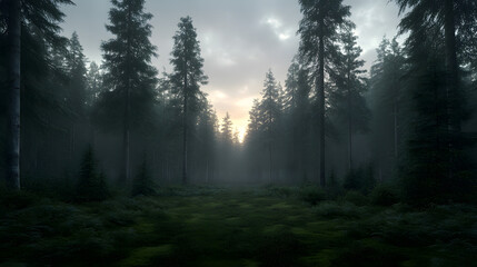Fototapeta premium Misty forest path at dawn