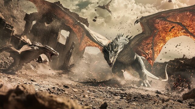 Giants and wyverns fight in an ancient city, their magic cracking the earth, leaving destruction in their wake