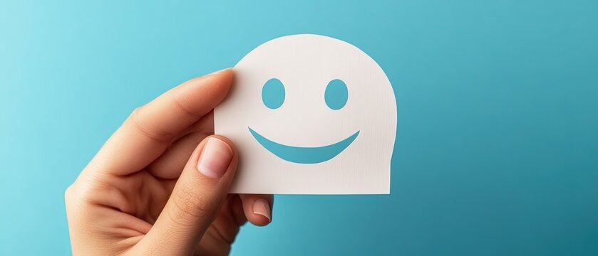 Hand Holding Paper Cut Smile Face on Blue Background Emphasizing Positive Thinking and Mental Health Awareness