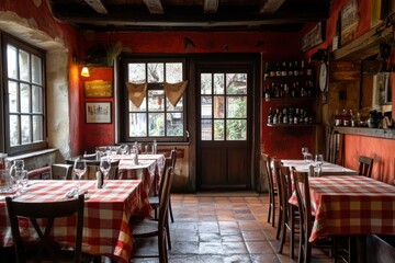 Charming traditional italian restaurant with red checkered tablecloths waiting for customers
