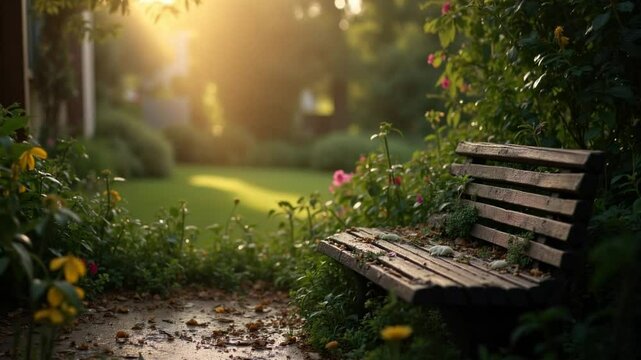 Old Wooden Bench on Right Side After Spring Rain in Blooming Garden with Glistening Droplets and Soft Sunlight. Concept: Post-Storm Calm, Nature&rsquo;s Refresh