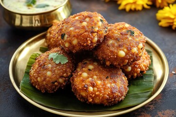 Crispy Sabudana Vada with Mint Chutney on Brass Plate, Festive Indian Snack for Fasting