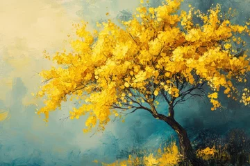Gordijnen Yellow tree painting illuminating foggy landscape with warm sunlight © Minerva Studio