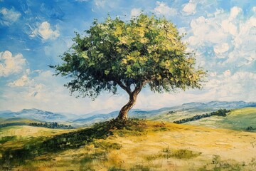 Impasto painting depicting a lonely tree growing on a hill in a beautiful landscape