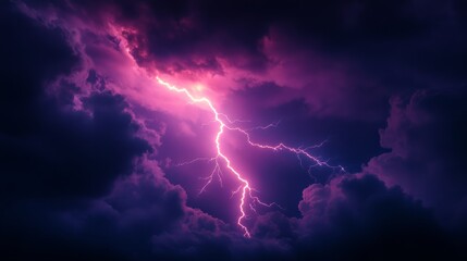 Dramatic lightning illuminates purple clouds, creating a mesmerizing, electric storm in the night sky.