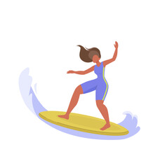 Young girl riding surfboard. Female character in swimwear surfing ocean wave. Summer holidays, sport recreation, sea leisure hobby