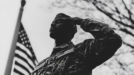 Soldier Saluting with American Flag in Black and White Contrast