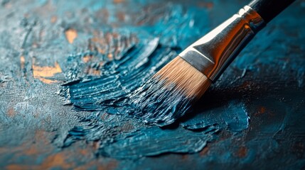 Fototapeta premium An artist's brush glides over a palette, creating rich blue textures that convey depth and emotion through a vibrant play of colors.