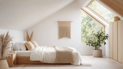 Serene Bedroom Oasis: Minimalist bedroom with slanted ceiling, warm wood accents, large window, natural light, plants, cozy and calming atmosphere, ideal for relaxation and rejuvenation