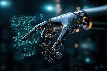 Fototapeta premium Futuristic robotic hand interacting with a floating AI interface, holographic data streams connecting the machine to digital networks, glowing high-tech background