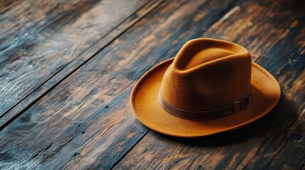 Stylish Brown Felt Fedora Hat on Rustic Wooden Background