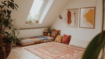 Cozy Attic Retreat: A sun-drenched attic room, filled with natural light, offering a tranquil space. A floor mattress with colorful pillows and decorative rugs.