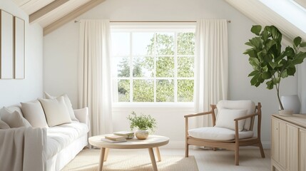 Fototapeta premium Cozy Living Room: Bright, airy living room interior with a view, featuring a sofa, armchair, coffee table, and decorative plants, evoking a sense of comfort and serenity.