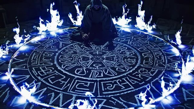 A mysterious glowing magic circle inscribed with ancient runes, pulsing with mystical energy. Sparks of light dance around it as a figure performs an arcane ritual at its center