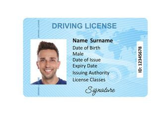 Driver's license with photo of man and world map illustration isolated on white