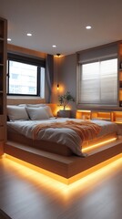 A serene bedroom features a low-profile bed adorned with soft blankets and smart lighting that creates a warm ambience. Minimalist decor enhances relaxation in this inviting space