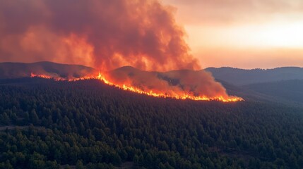Fototapeta premium Wildfire Inferno Forest Fire Burning at Sunset Aerial View
