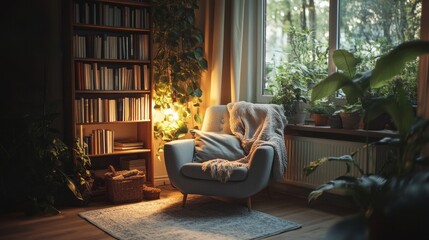 This inviting reading nook features a comfortable chair draped with a cozy blanket, a small bookshelf filled with books, and warm soft lighting illuminating the peaceful space