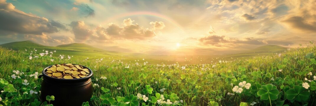 Golden coins in pot on clover field beneath rainbow and sunrise