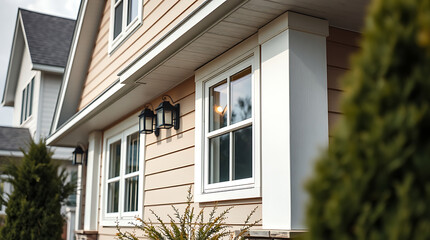 Modern House Exterior: Elegant Design and Architecture. High-quality image of a beautiful suburban home showcasing its architectural details, including windows, siding, and landscaping.