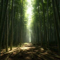 Majestic Bamboo Forest Pathway Illuminated by Sunlight Creating a Serene and Enchanting Atmosphere.