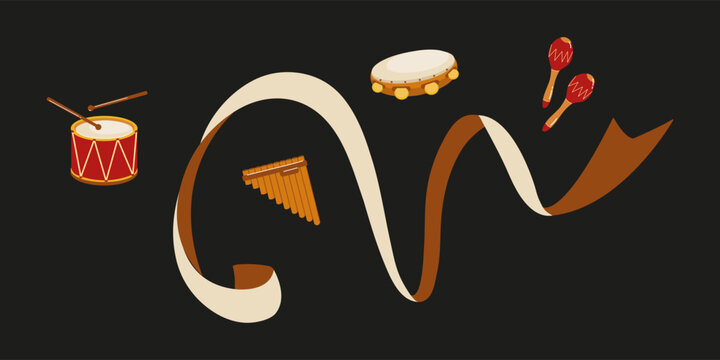 Musical instruments and rhythms create vibrant harmony in colorful design