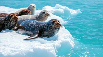 Obraz premium Antarctic Seals Resting on Iceberg Polar Wildlife Ocean Animals Turquoise Water