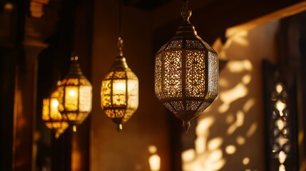 Illuminated lanterns hanging in a warm light environment.