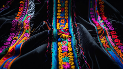 Mexican embroidery in a vertical pattern on a black background
