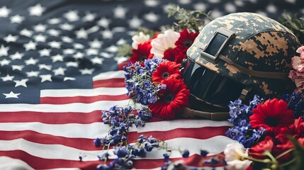 Military Helmet Surrounded by Flowers on American Flag Background