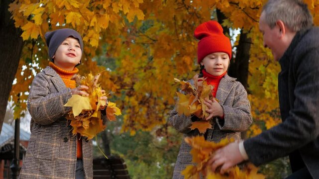 Dad and mom help children collect autumn leaves among trees in city park. Small children hold autumn leaves near dad and mom. Father and mother enjoy parenthood helping children with golden leaves
