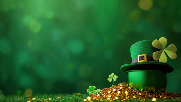 St. Patrick's Day banner with leprechaun hat, clover leaves and gold coins on green background with copy space.