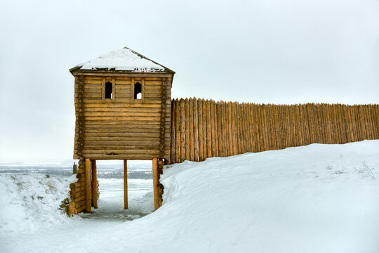 Chertovo Gorodishche, Elabuga, Russia - January 4, 2025. View of the palisade of Chertovo Gorodishche in winter. Chertovo Gorodishche in winter.