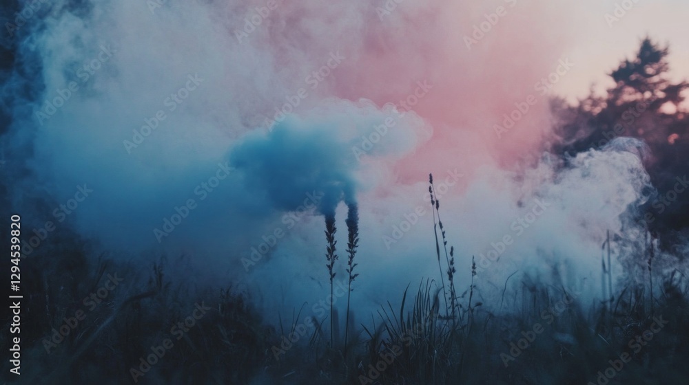 Poster in a magical twilight setting, soft wisps of blue and pink smoke curl upwards from the grassy meadow