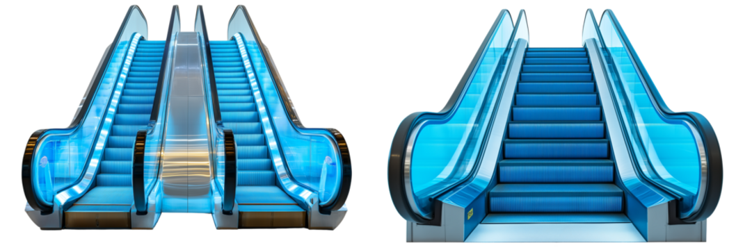 Set of a 3D render of an empty blue escalator, isolated on a transparent background. - Powered by Adobe